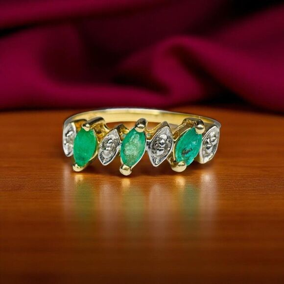VINTAGE- 10K Gold - Natural Colombian Emerald Diamond Ring -sz 6 -Marquise -1.7g - Picture 1 of 16